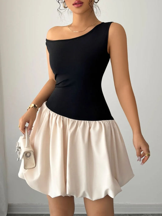 Contrast Single Shoulder Mini Tank Dress - Tigbul's Variety Fashion Shop