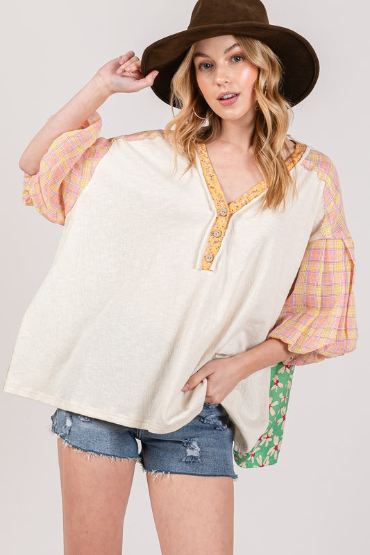SAGE + FIG Color Block Bubble Sleeve Top - Tigbul's Variety Fashion Shop