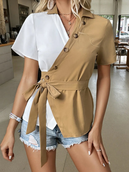 Two-Tone Short Sleeve Blouse with Tie Waist - Tigbul's Variety Fashion Shop
