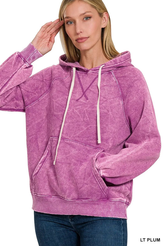 Zenana Acid Wash Fleece Hoodie with Kangaroo Pocket - Tigbul's Variety Fashion Shop