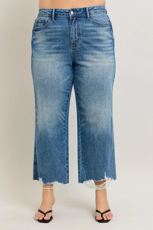 Judy Blue Plus Size High Waist Rigid Magic Destroy Hem Crop Wide - Tigbul's Variety Fashion Shop