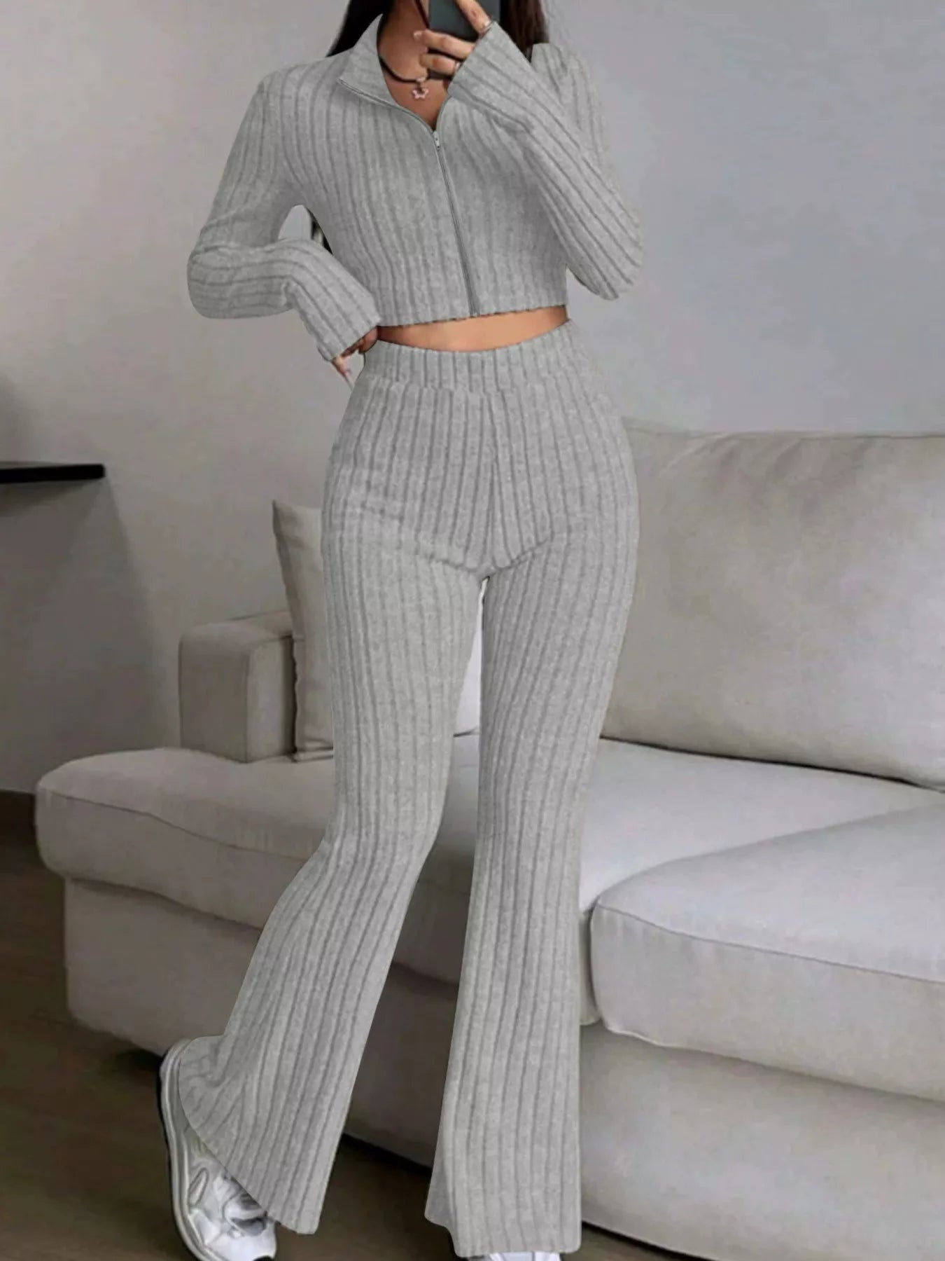Ribbed Knit Crop Top and Flare Pants Set - Tigbul's Variety Fashion Shop
