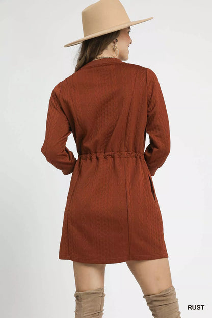 Rust Color Drawstring Cable Knit Mini Dress with Pockets - Tigbul's Variety Fashion Shop