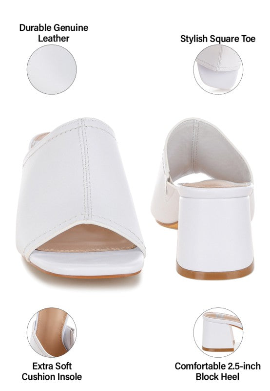 White leather mule close-up: squared toe, cushioned insole, 2.5-inch block heel
