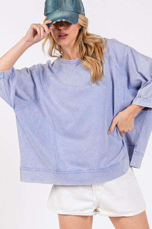 Mineral Washed Side Slit Round Neck Sweatshirt - Tigbul's Variety Fashion Shop