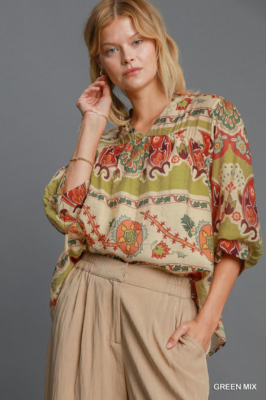 Umgee Full Size Border Print Notched 3/4 Puff Sleeve Blouse Plus Size - Tigbul's Variety Fashion Shop
