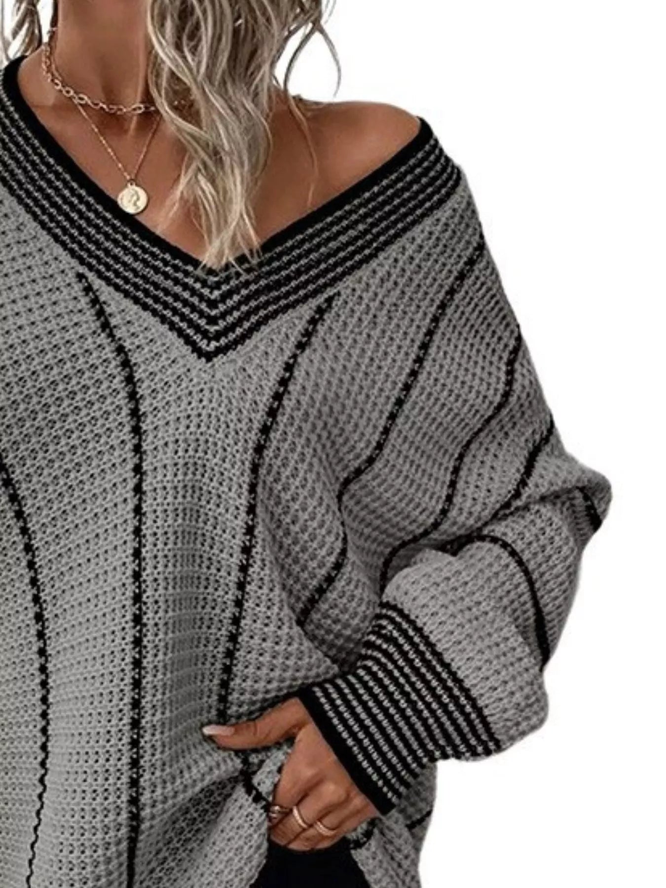 Full Size V-Neck Textured Knit Sweater Plus Size - Tigbul's Variety Fashion Shop