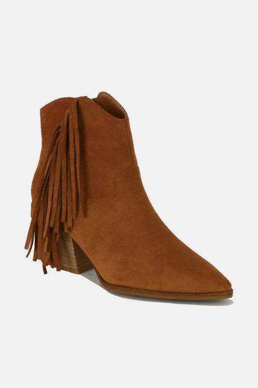 Brown Suede Fringe Point Toe Ankle Boots