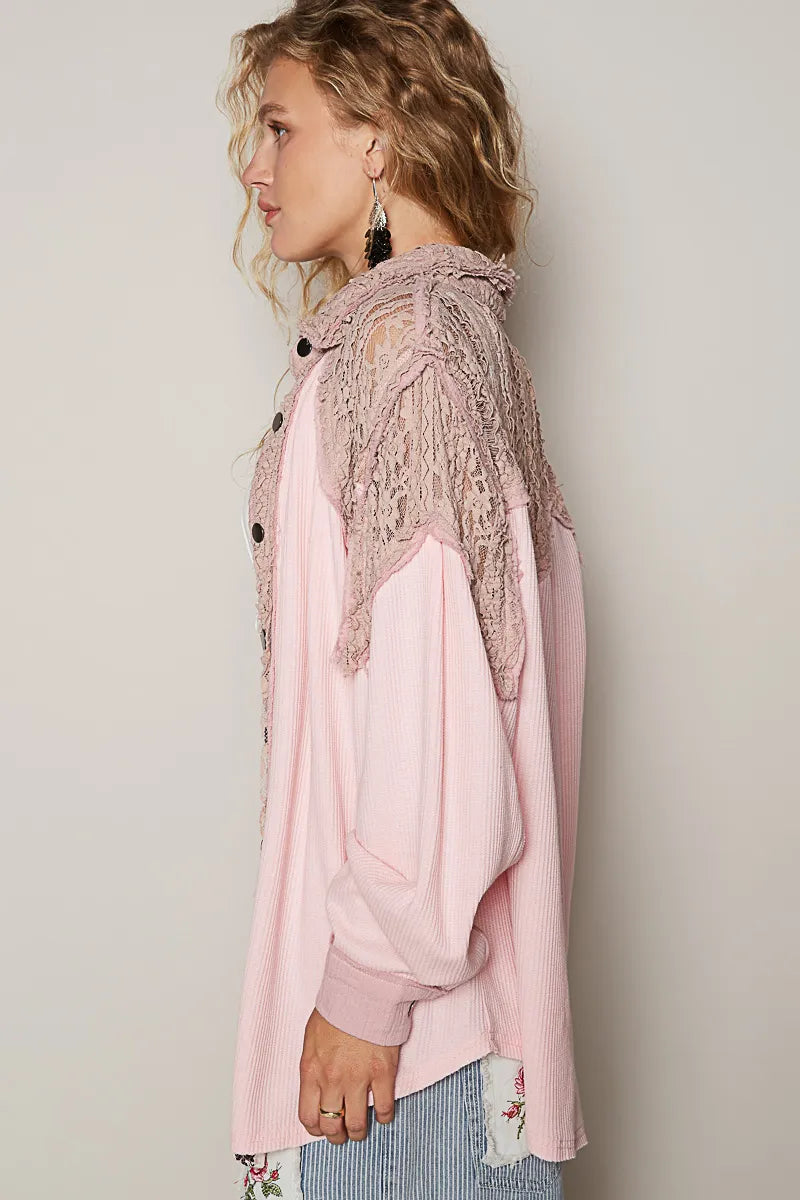 POL Lace Patchwork Button Up Shacket - Tigbul's Variety Fashion Shop