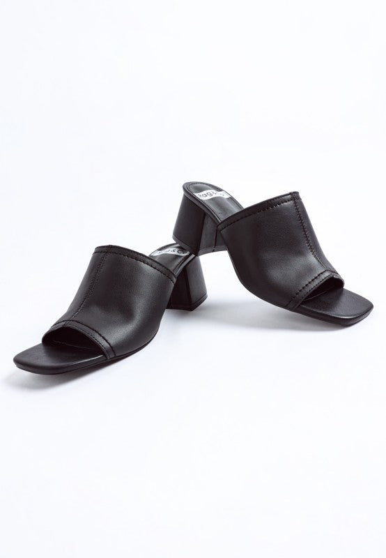 Black open square toe leather mules with thick block heel and padded footbed