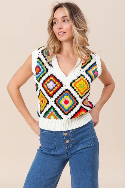 BiBi Diamond Granny Square Sweater Vest - Tigbul's Variety Fashion Shop