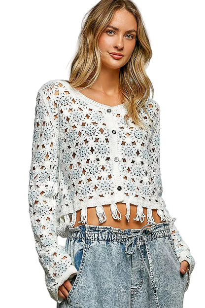 Off White, Blue Openwork Floral Crochet Cardigan with Tassel Hem | Tigbuls