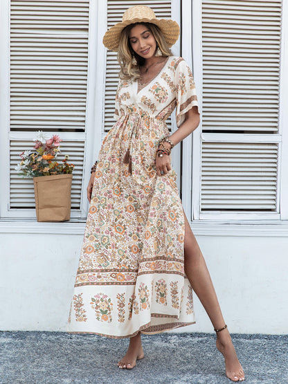 Drawstring Printed Plunge Half Sleeve Dress - Tigbul's Variety Fashion Shop