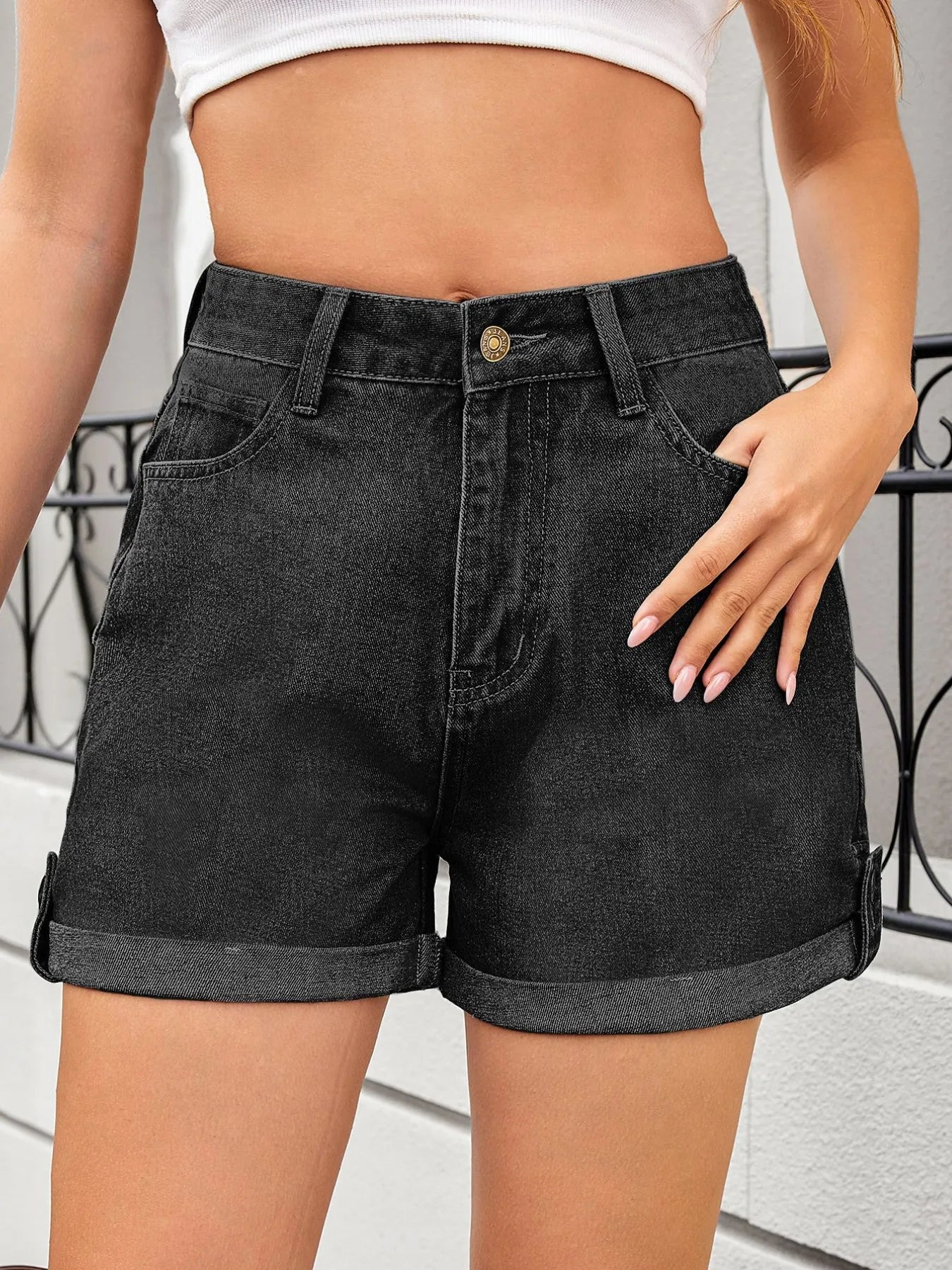 High Waist Rolled Hem Gradient Denim Shorts - Tigbul's Variety Fashion Shop