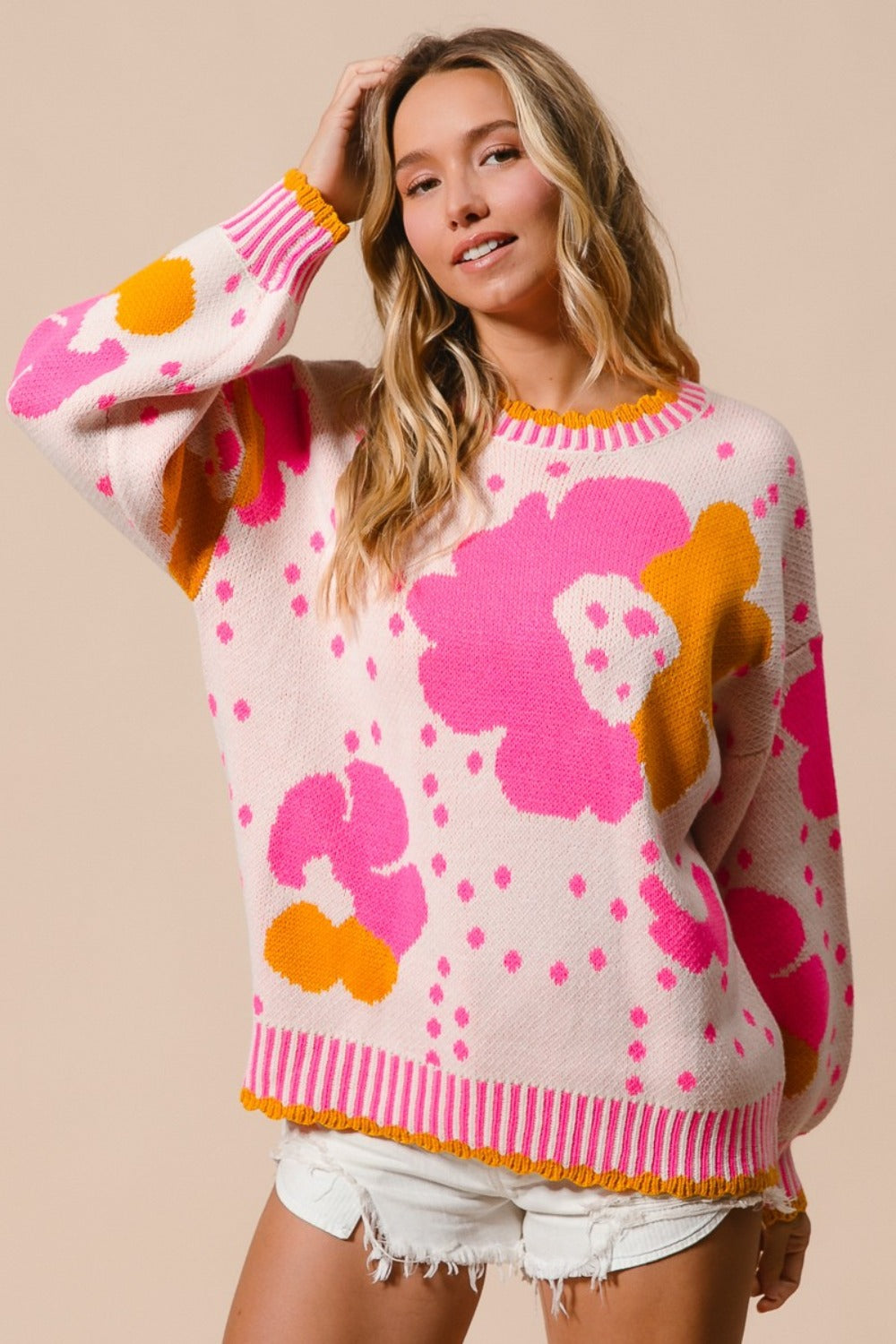 BiBi Flower Pattern Contrast Sweater - Tigbul's Variety Fashion Shop