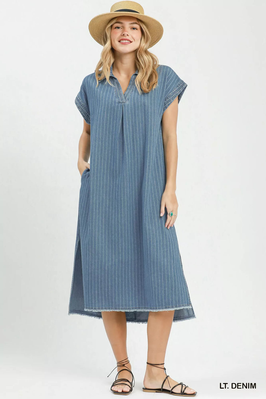 Umgee Pinstripe Denim Collared Midi Dress with Side Slits - Tigbul's Variety Fashion Shop
