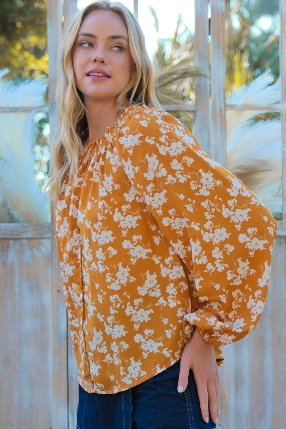 Hailey & Co Floral Off-Shoulder Balloon Sleeve Blouse - Tigbul's Variety Fashion Shop