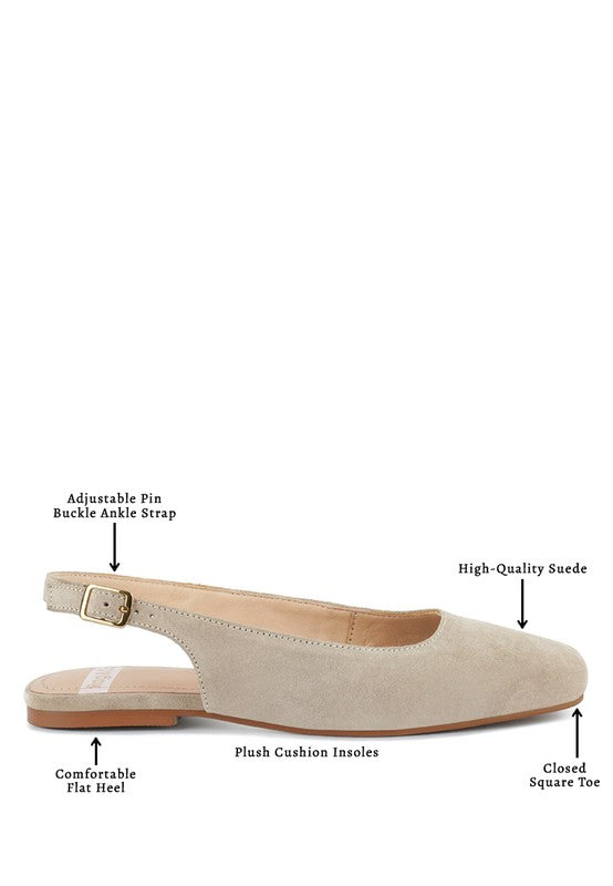 Beige Slingback-Flats: verstellbarer Knöchelriemen, flacher Absatz, eckige Zehen