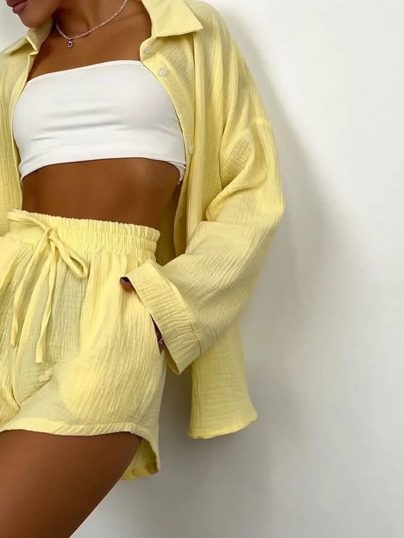 Texture Button Up Shirt and Shorts Set - Tigbul's Variety Fashion Shop