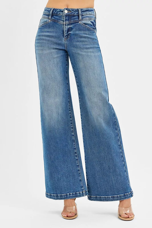 RISEN High Rise Wide Leg Jenas with Front Yoke and Heart Back Pocket - Tigbul's Variety Fashion Shop