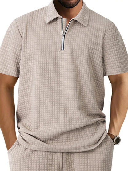 Men's Full Size Waffle Short Sleeve Polo with Zipper Detail Plus Size - Tigbul's Variety Fashion Shop