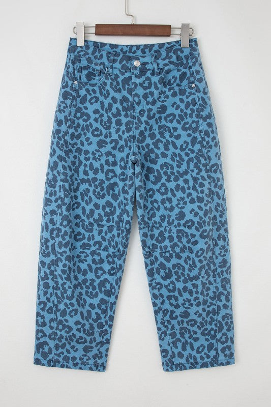Leopard-print high waist straight jeans, sky blue with buttoned front
