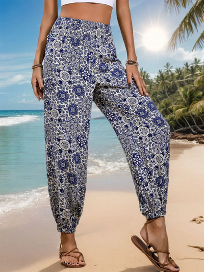 Blue Printed Elastic Waist Pants - Tigbul's Variety Fashion Shop