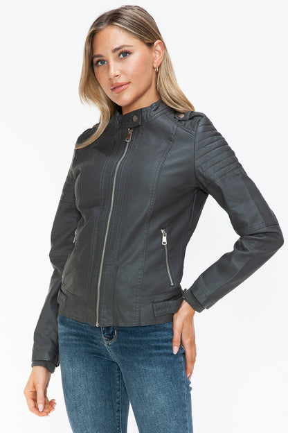 Charcoal PU Leather Biker Jacket with Side Zip Pockets