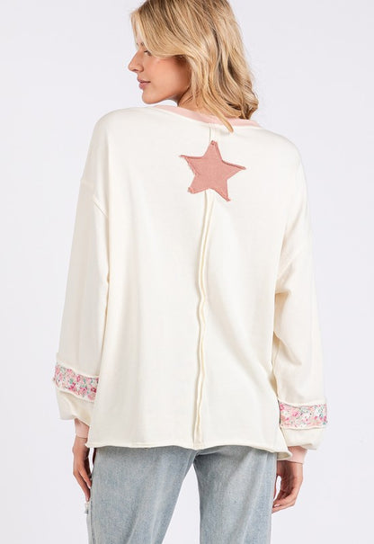 Pink Peace & Star Patch Contrast Round Neck Sweatshirt - Tigbul's Variety Fashion Shop