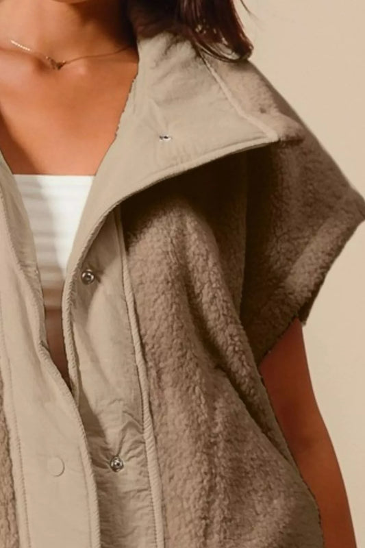 Over Sized Soft Sherpa Fur Taupe Sleeveless Vest Jacket - Tigbul's Variety Fashion Shop