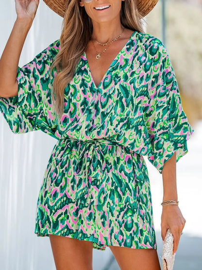 Bohemian Floral Print V-Neck Batwing Sleeve Romper - Tigbul's Variety Fashion Shop