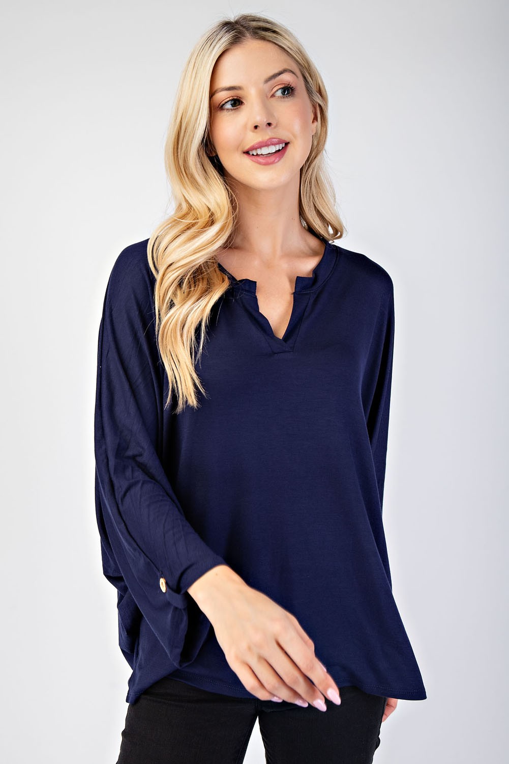 Celeste Full Size Notched Three-Quarter Sleeve Blouse - Tigbul's Variety Fashion Shop