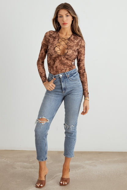 HERA COLLECTION Abstract Mesh Lace-Up Long Sleeve Bodysuit - Tigbuls Variety Fashion