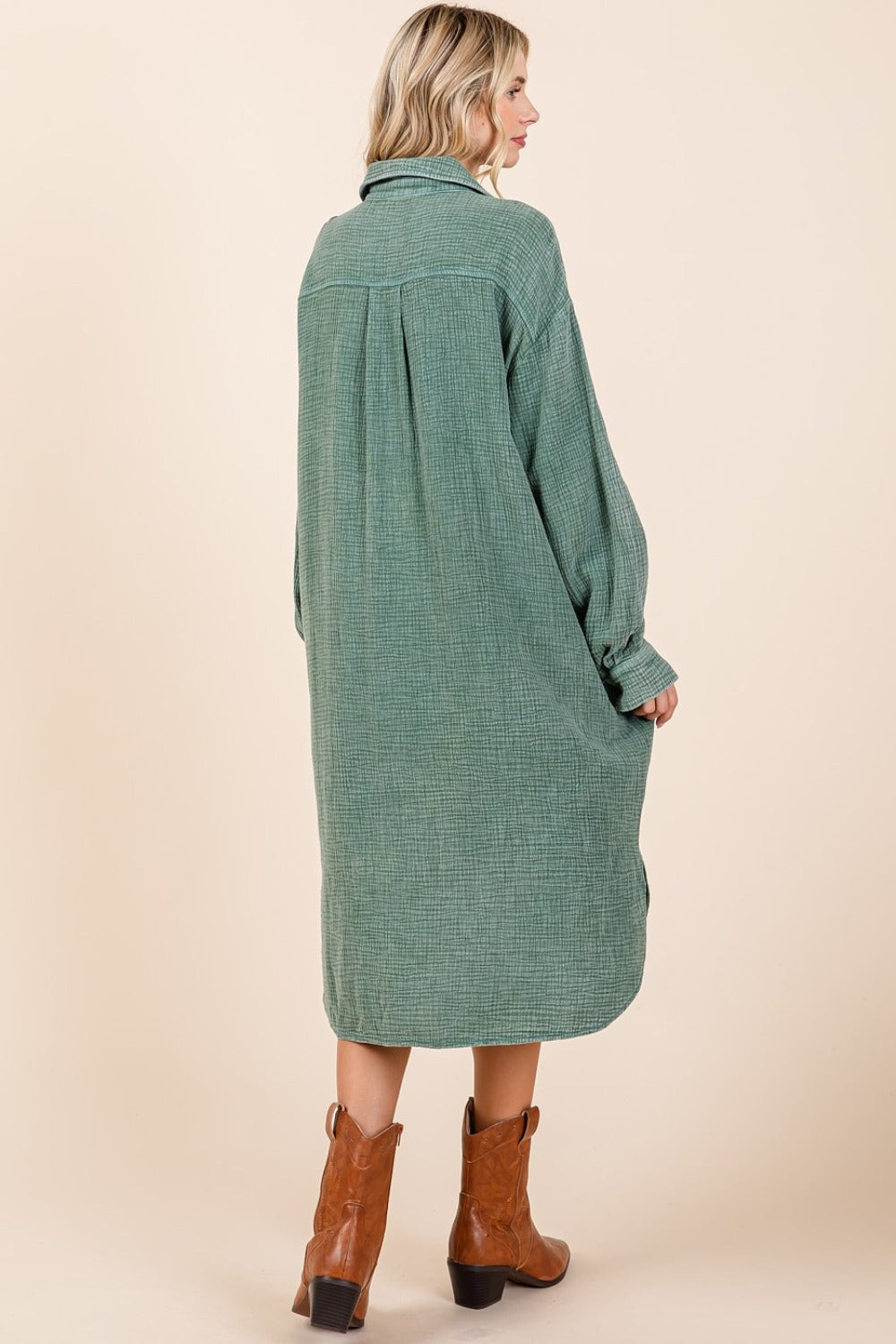 Green Mineral Wash Cotton Gauze Midi Shirt Dress - Tigbul's Variety Fashion Shop