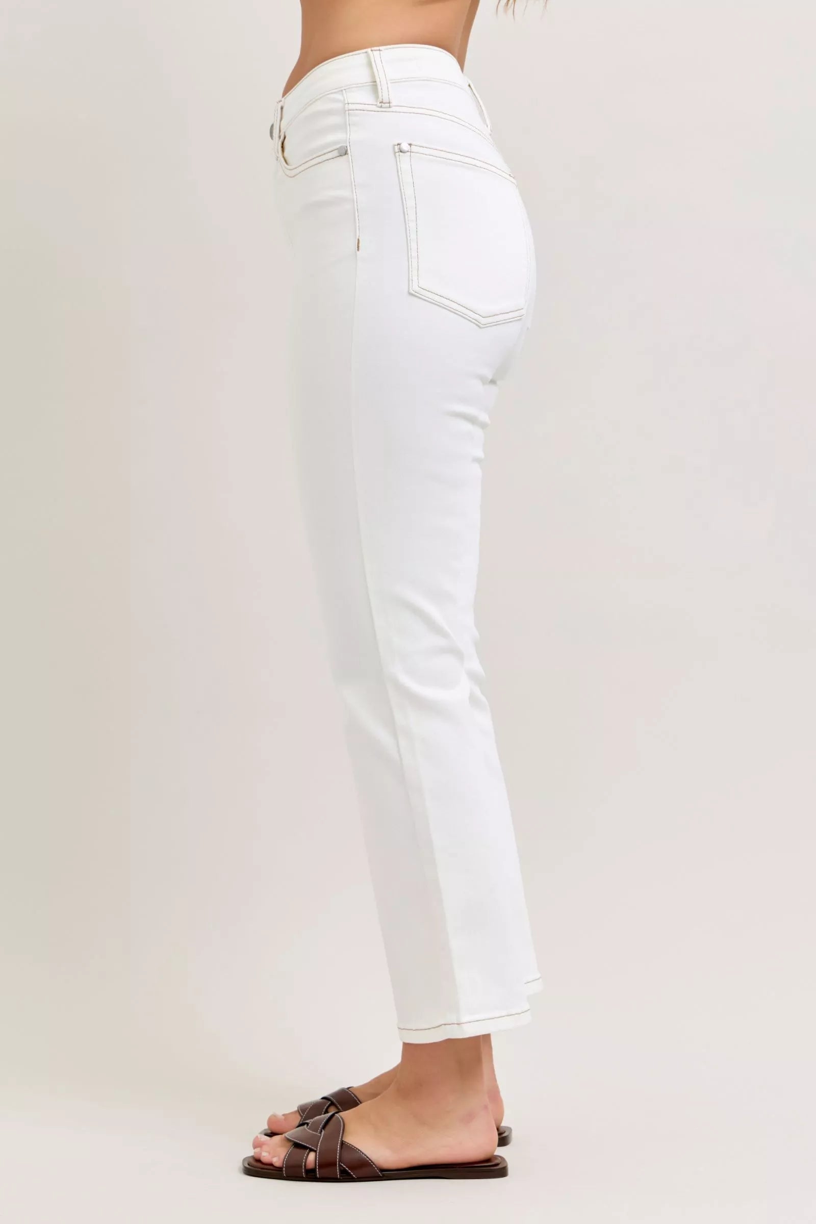 Judy Blue Contrast Stitching Cropped Flare White Jeans | Tigbuls