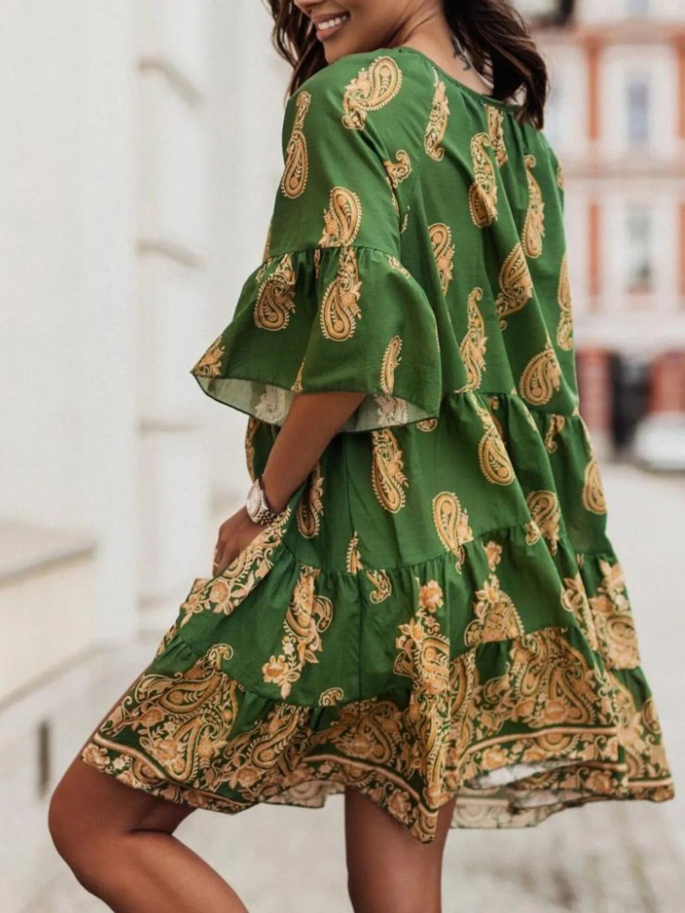 Paisley Print Tie Neck Half Sleeve Mini Dress - Tigbul's Variety Fashion Shop