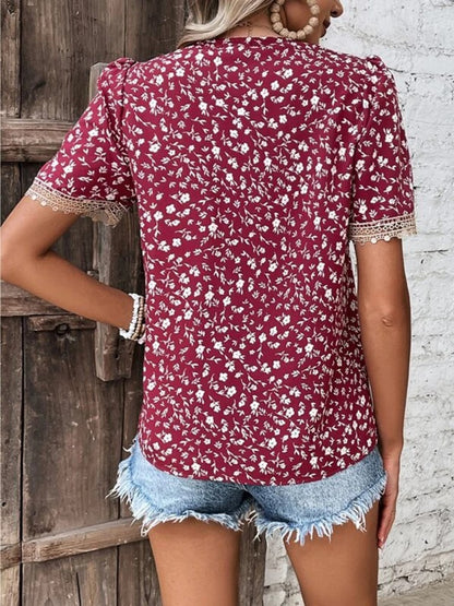 Full Size Printed V-Neck Short Sleeve Blouse - Tigbul's Variety Fashion Shop