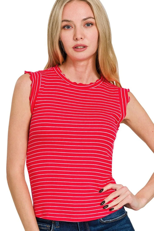 Red Ribbed Ruffle Trim Sleeveless Stripe Top - Tigbul's Variety Fashion Shop