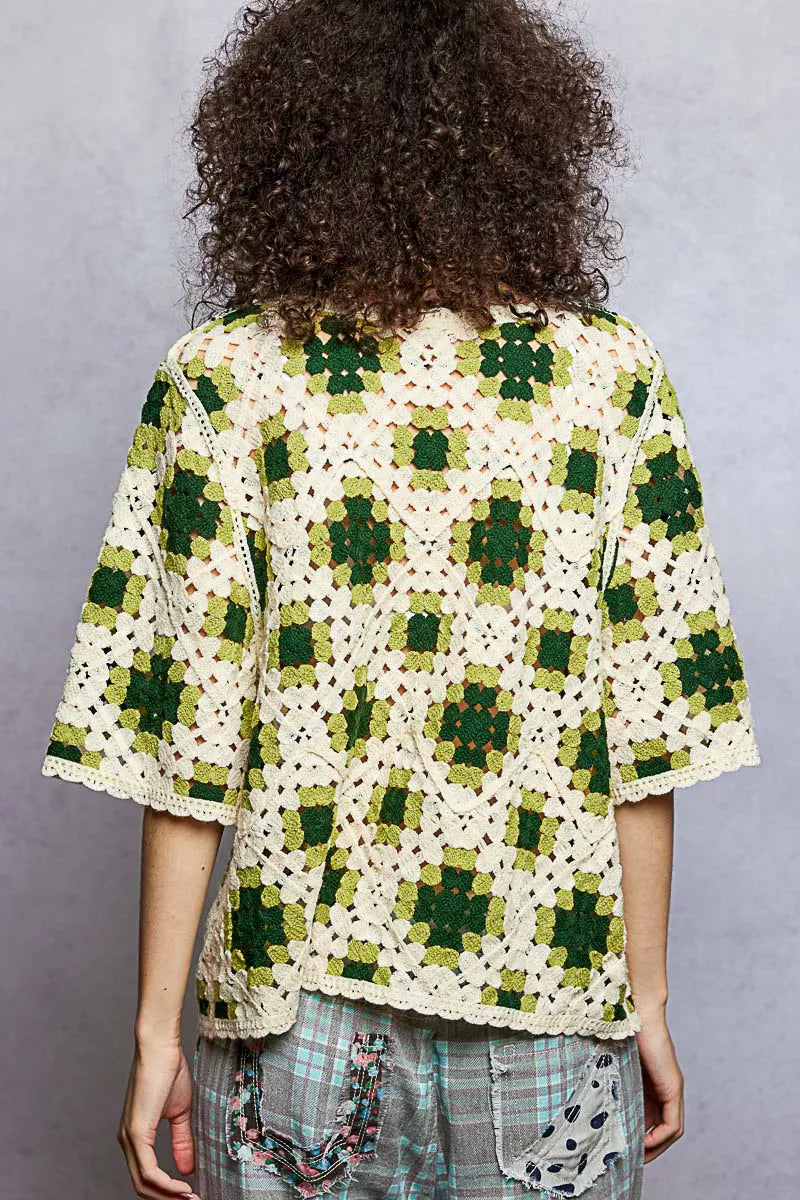 POL Round Neck Short Sleeve Color Pattern Crochet Top with Border Accents - Tigbul's Variety Fashion Shop