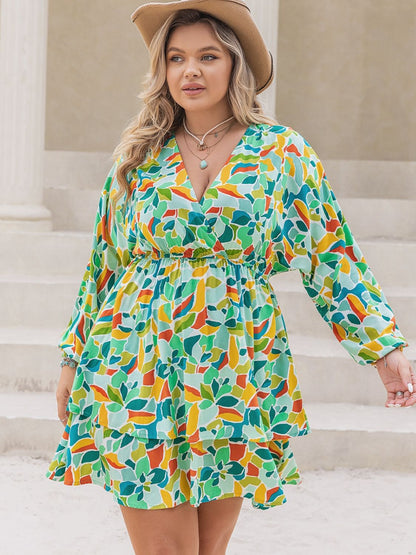 Plus Size Printed Surplice Long Sleeve Mini Dress - Tigbul's Variety Fashion Shop