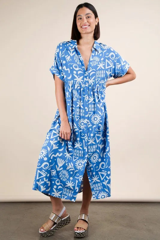 Blue Plus Size Oversized Printed Shirt Midi Dress - Tigbul's Variety Fashion Shop