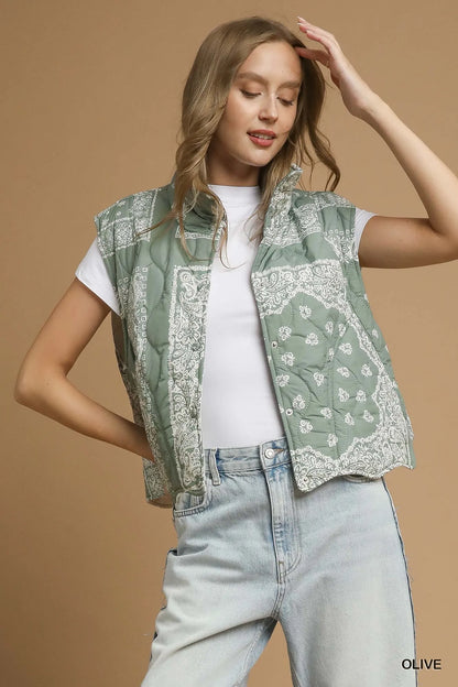 Umgee Bandana Print Quilted Puffer Vest - Tigbul's Variety Fashion Shop