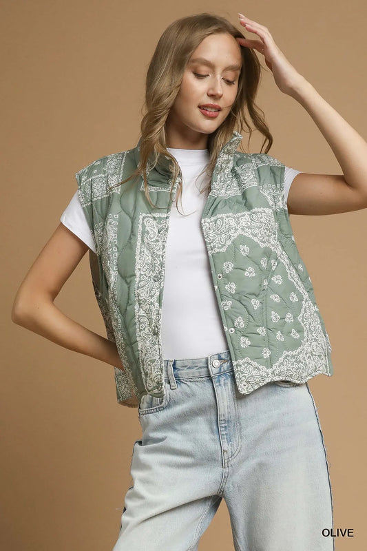 Umgee Bandana Print Quilted Puffer Vest - Tigbul's Variety Fashion Shop