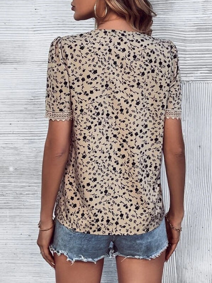 Full Size Printed V-Neck Short Sleeve Blouse - Tigbul's Variety Fashion Shop