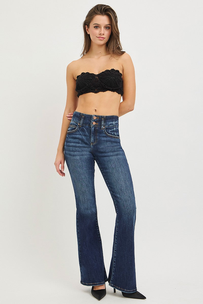 High-rise flare jeans, dark wash denim, front view with button fly and belt loops