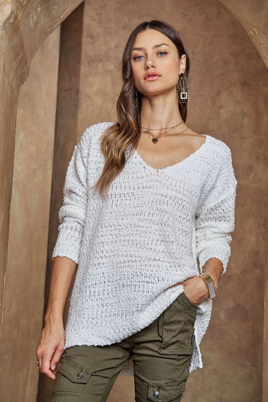 White High-Low Side Slit V-Neck Sweater - Tigbul's Variety Fashion Shop