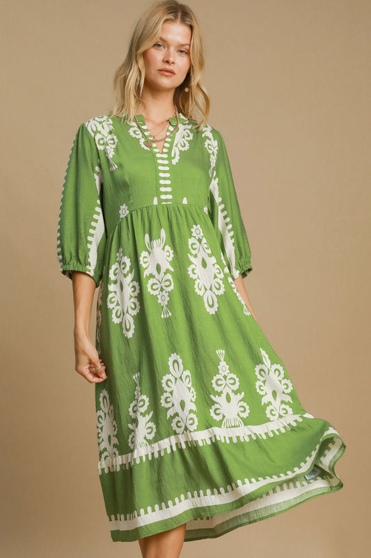 Umgee Printed Notched Midi Dress - Tigbul's Variety Fashion Shop