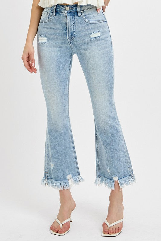 Light Blue Raw Hem Distressed Cropped Flare Jeans Plus Size - Tigbul's Variety Fashion Shop