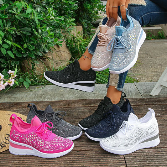 Breathable Mesh Rhinestone Wedge Athletic Sneakers - Tigbul's Variety Fashion Shop