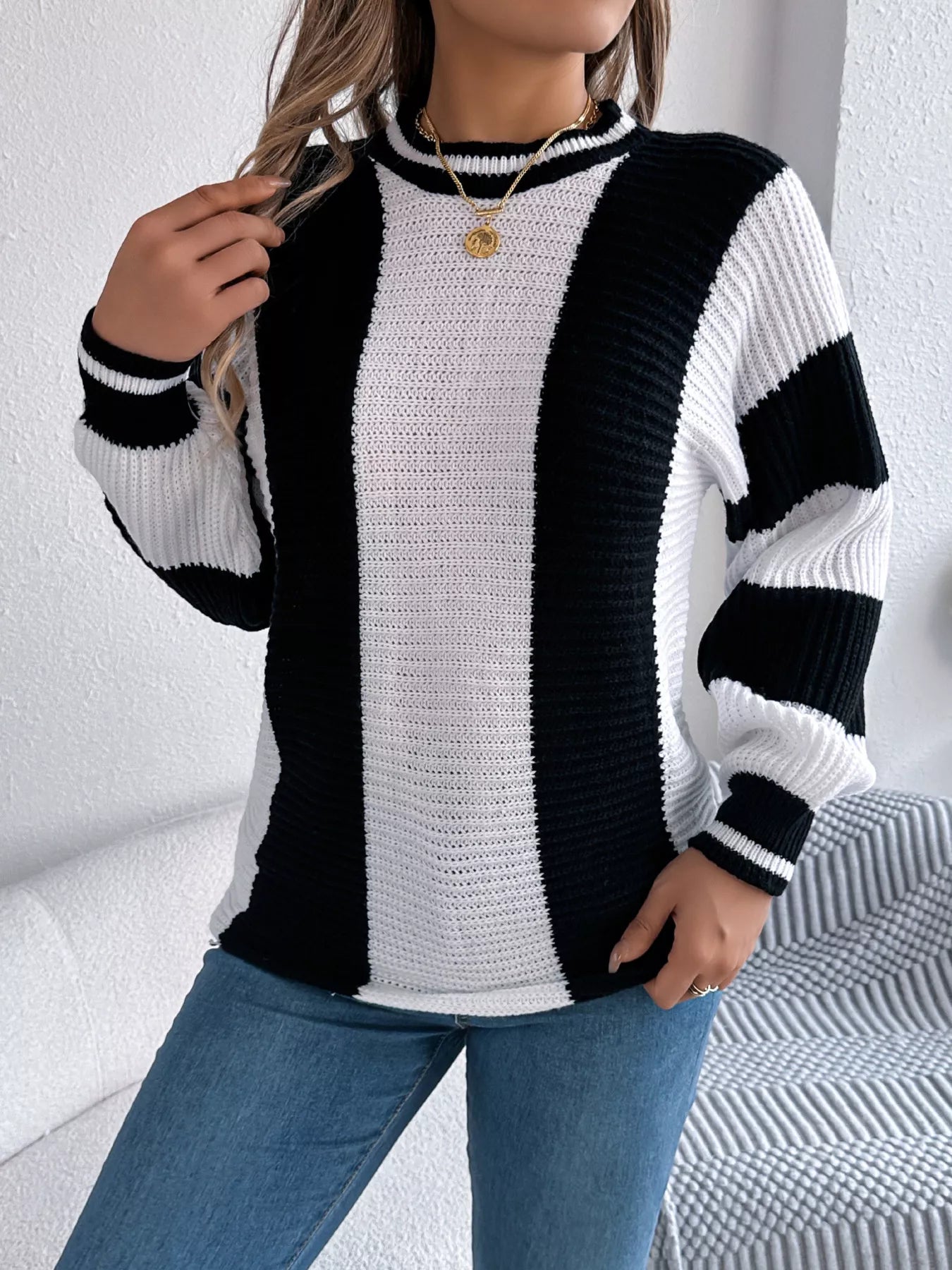 Color Block Round Neck Sweater - Tigbul's Variety Fashion Shop